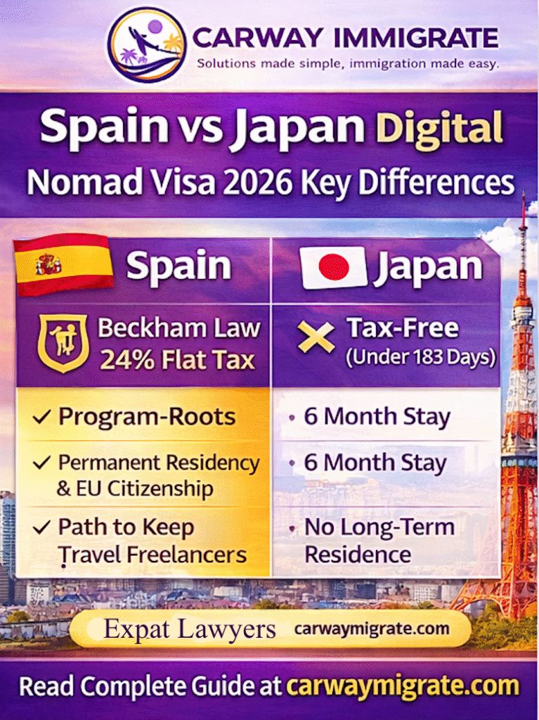 Spain vs Japan Digital Nomad Visa. Mediterranean Roots vs Asian Adventure in 2026: Choosing a Base When the World Economy Is on Edge – illustration
